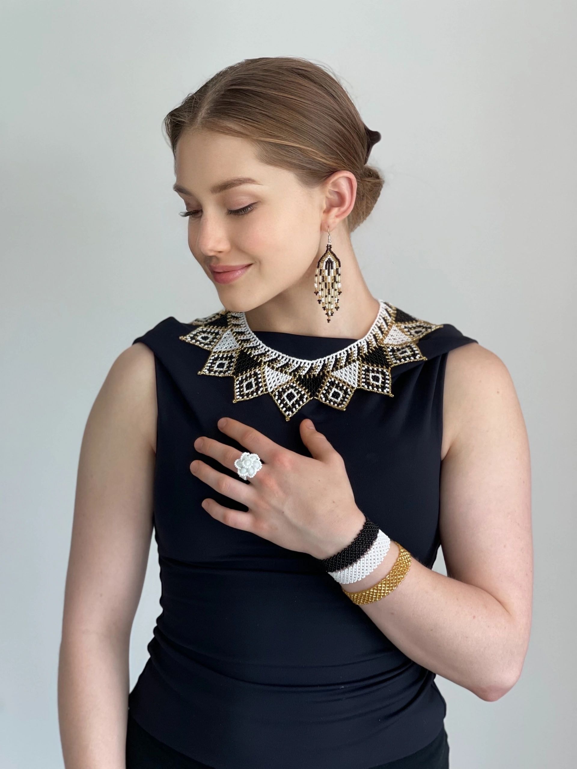 Most popular - woman wearing white beaded collar necklace